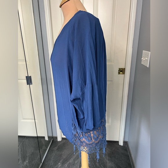 Mindset by XCVI Blue Dolman Fringe Lagonlook Boho Minimalist Top - Picture 2 of 8